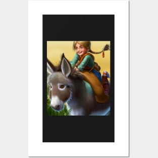 Girl with blond ponytail riding a cute donkey Posters and Art